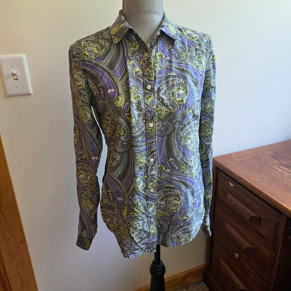 JCP Paisley Silk Blend Button Down Shirt Purple Lime Green Long Sleeve Blouse S